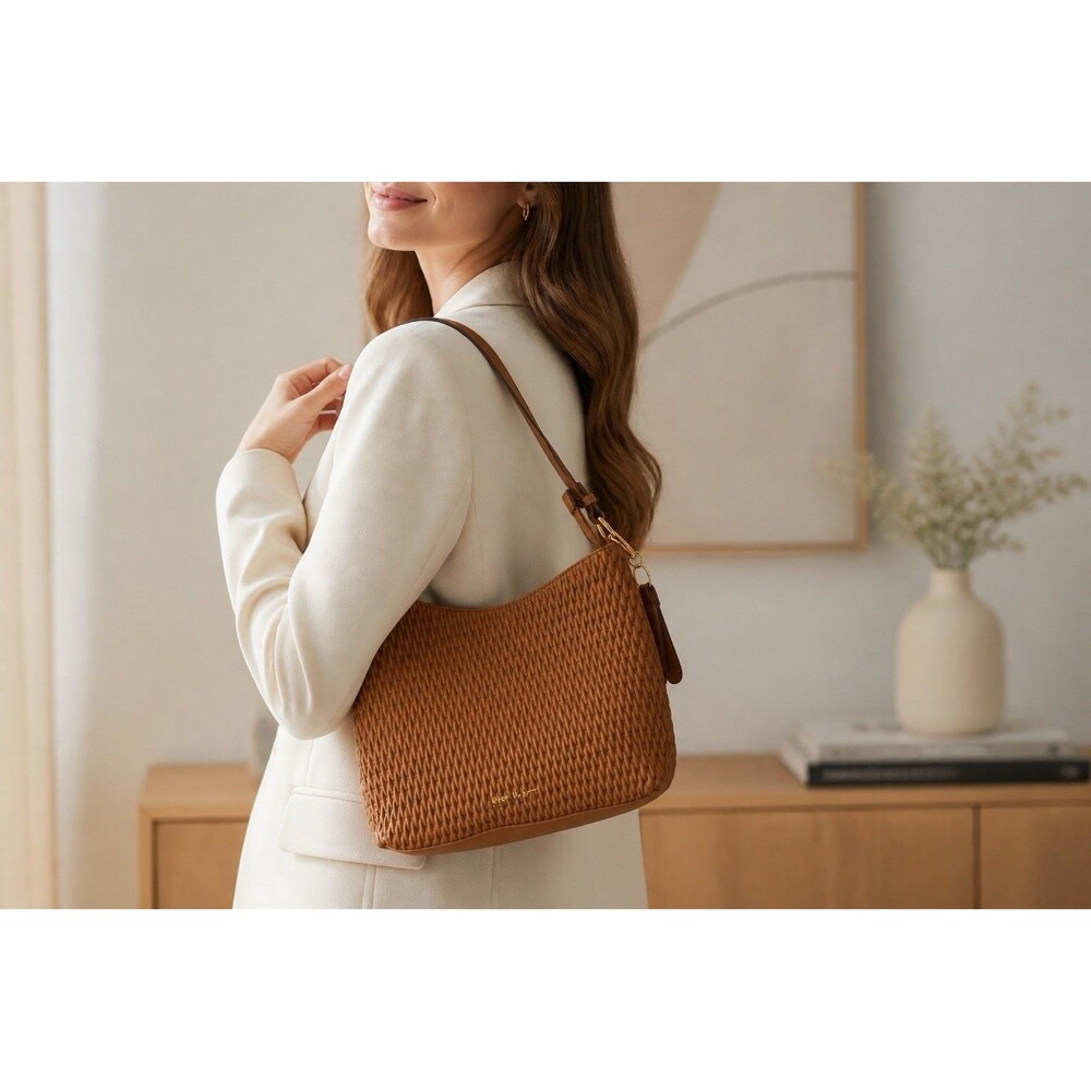 Nicole Miller New York Brown Woven Satchel Shoulder Bag Purse Zip Gold HW EUC